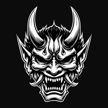 Koyu Sanat Ürkütücü Japon Oni Maskesi Siyah ve Beyaz Görüntü