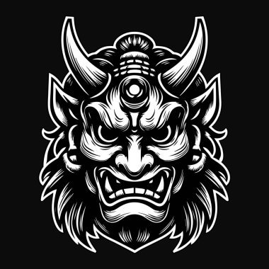Koyu Sanat Ürkütücü Japon Oni Maskesi Siyah ve Beyaz Görüntü