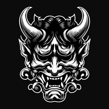 Koyu Sanat Ürkütücü Japon Oni Maskesi Siyah ve Beyaz Görüntü