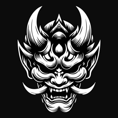 Koyu Sanat Ürkütücü Japon Oni Maskesi Siyah ve Beyaz Görüntü