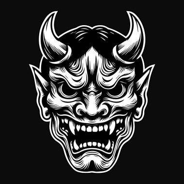 Koyu Sanat Ürkütücü Japon Oni Maskesi Siyah ve Beyaz Görüntü