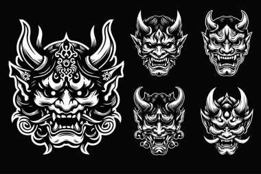 Koyu Sanat Ürkütücü Japon Oni Maskesi Siyah ve Beyaz Görüntü