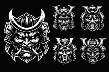 Karanlık Sanat Korkunç Japon Samuray Maskesi Siyah ve Beyaz Görüntü