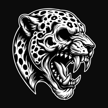 Kara Sanat Öfkeli Kafatası Canavar Leopar Baş Siyah-Beyaz Görüntü
