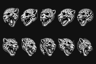 Kara Sanat Öfkeli Kafatası Canavar Leopar Baş Siyah-Beyaz Görüntü