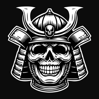 Koyu Sanat Kafatası Samurayı Japon Baş Siyahi ve Beyaz Görüntü