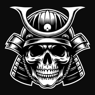 Koyu Sanat Kafatası Samurayı Japon Baş Siyahi ve Beyaz Görüntü