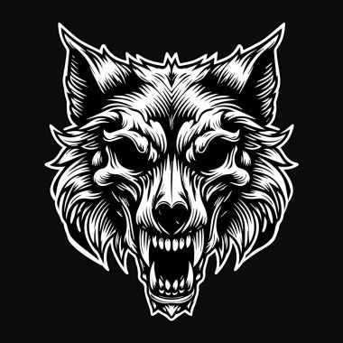 Kara Sanat Kafatası Kızgın Canavar Kurt Başı Siyah ve Beyaz Görüntü