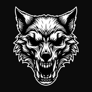 Kara Sanat Kafatası Kızgın Canavar Kurt Başı Siyah ve Beyaz Görüntü