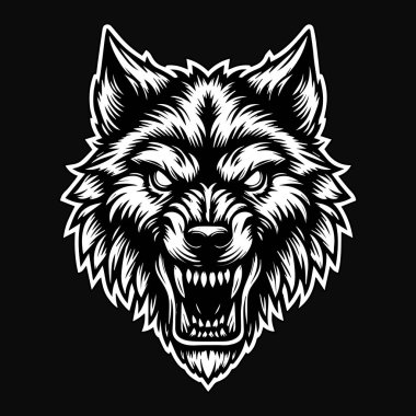 Kara Sanat Kafatası Kızgın Canavar Kurt Başı Siyah ve Beyaz Görüntü