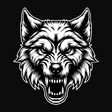 Kara Sanat Kafatası Kızgın Canavar Kurt Başı Siyah ve Beyaz Görüntü