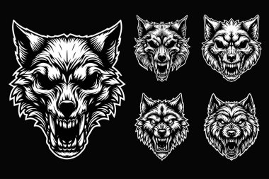 Kara Sanat Kafatası Kızgın Canavar Kurt Başı Siyah ve Beyaz Görüntü