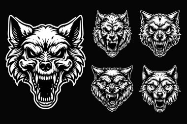 Kara Sanat Kafatası Kızgın Canavar Kurt Başı Siyah ve Beyaz Görüntü