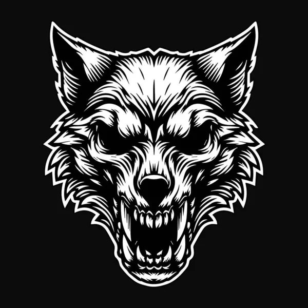 stock vector Dark Art Skull Angry Beast Wolf Head Black and White Illustration