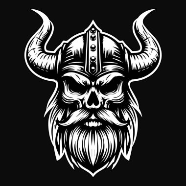 Kara Sanat Öfkeli Viking Kafatası Siyah ve Beyaz Görüntü