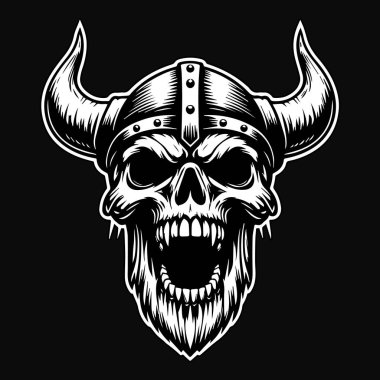 Kara Sanat Öfkeli Viking Kafatası Siyah ve Beyaz Görüntü