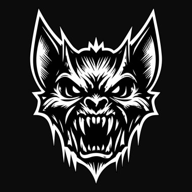 Kara Sanat Öfkeli Canavar Yarasa Başı Siyah ve Beyaz Görüntü