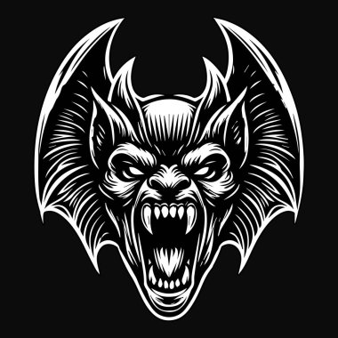 Kara Sanat Öfkeli Canavar Yarasa Başı Siyah ve Beyaz Görüntü