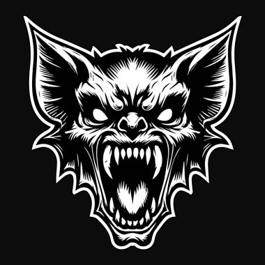 Kara Sanat Öfkeli Canavar Yarasa Başı Siyah ve Beyaz Görüntü