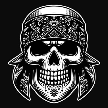 Kara Sanat Bandana Kafatası Avcı Siyah ve Beyaz Resimli