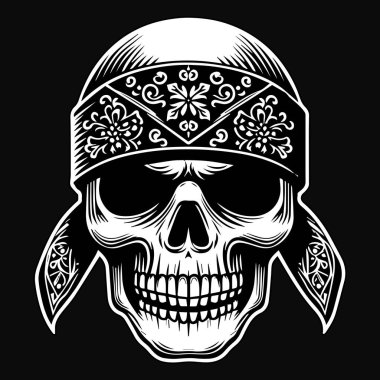Kara Sanat Bandana Kafatası Avcı Siyah ve Beyaz Resimli