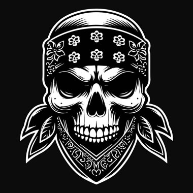 Kara Sanat Bandana Kafatası Avcı Siyah ve Beyaz Resimli