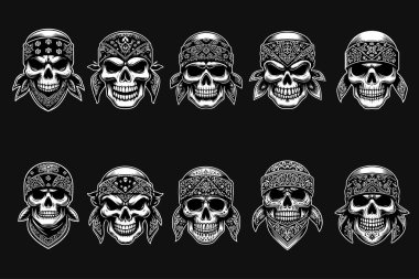 Kara Sanat Bandana Kafatası Avcı Siyah ve Beyaz Resimli