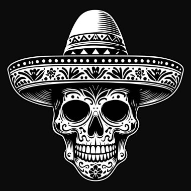 Geleneksel Siyah ve Beyaz Çizimli Kara Sanat Meksikalı Kafatası