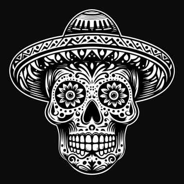Geleneksel Siyah ve Beyaz Çizimli Kara Sanat Meksikalı Kafatası