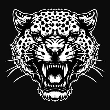 Kara Sanat Kızgın Canavar Leopar Başı Siyah ve Beyaz Görüntü