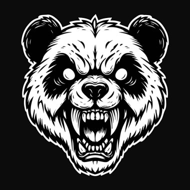 Kara Sanat Öfkeli Hayvan Panda Kafatası Siyah ve Beyaz Çizim