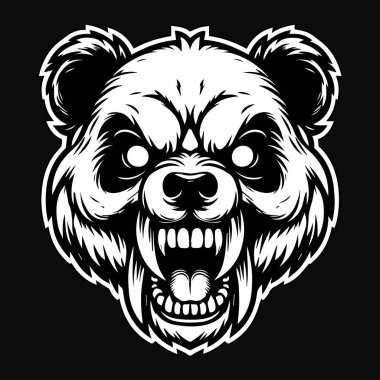 Kara Sanat Öfkeli Hayvan Panda Kafatası Siyah ve Beyaz Çizim