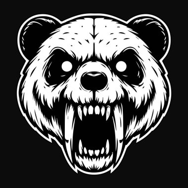 Kara Sanat Öfkeli Hayvan Panda Kafatası Siyah ve Beyaz Çizim