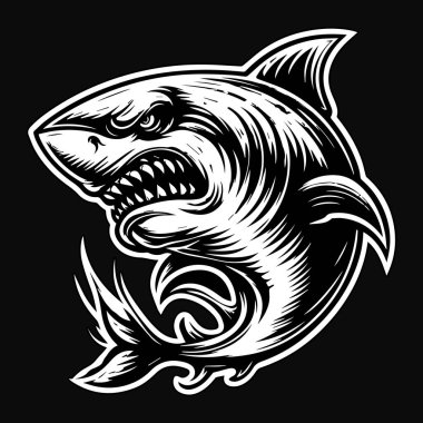Karanlık Sanat Öfkeli Canavar Saldırgan Köpekbalığı Siyah ve Beyaz Çizim