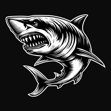 Karanlık Sanat Öfkeli Canavar Saldırgan Köpekbalığı Siyah ve Beyaz Çizim