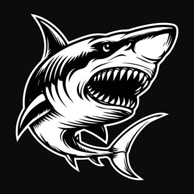 Karanlık Sanat Öfkeli Canavar Saldırgan Köpekbalığı Siyah ve Beyaz Çizim