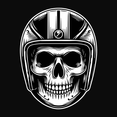 Dark Art Biker Skull Head with Helm Black and White Illustration clipart