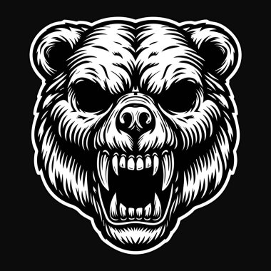 Kara Sanat Öfkeli Canavar Ayı Kafatası Siyah ve Beyaz Görüntü