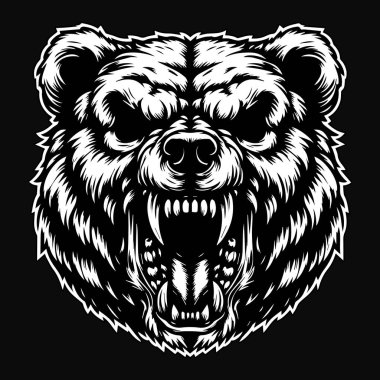 Kara Sanat Öfkeli Canavar Ayı Kafatası Siyah ve Beyaz Görüntü