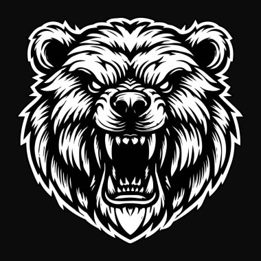 Kara Sanat Canavarı Kızgın Ayı Kafası Kalın Kürklü Siyah ve Beyaz Resimli