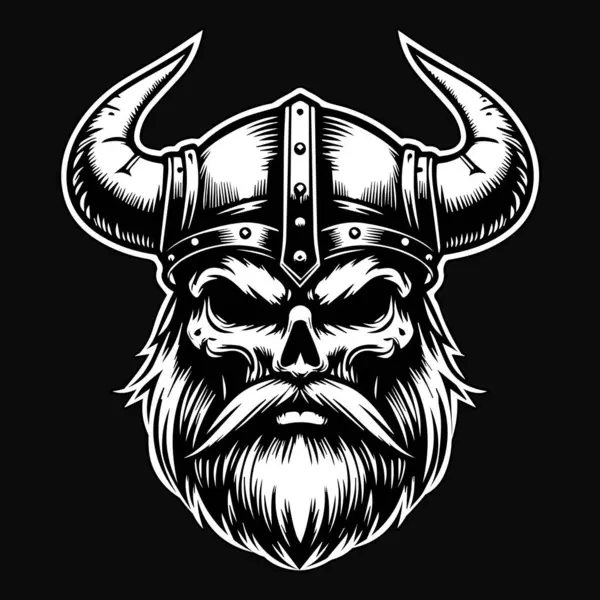 Arte Escura Irritado Viking Crânio Cabeça Preto Branco Ilustração Gráficos Vetores