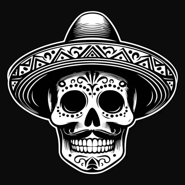 黑艺术墨西哥骷髅头与传统帽子黑白色插图 图库插图