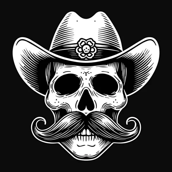 Dark Art Cowboy Skull Head Hat Black White Illustration Stock Illustration