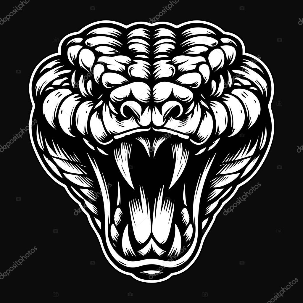 Dark Art Viper Snake Beast Angry Head Black and White Illustration