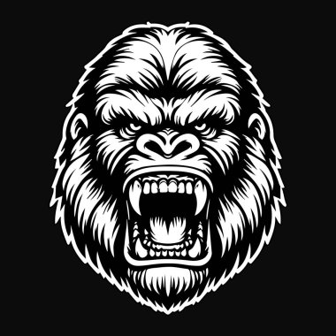 Keskin dişli siyah ve beyaz resimli Karanlık Sanat Öfkeli Canavar Kingkong kafası