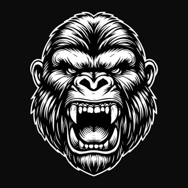 Keskin dişli siyah ve beyaz resimli Karanlık Sanat Öfkeli Canavar Kingkong kafası