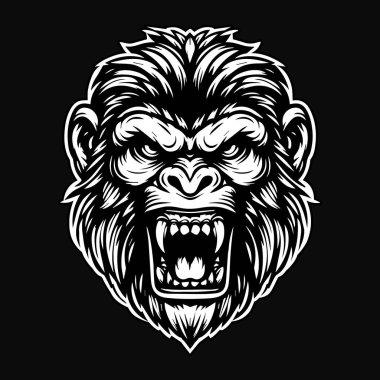 Keskin Diş Siyah ve Beyaz Resimli Karanlık Sanat Öfkeli Canavar Maymun Kafası