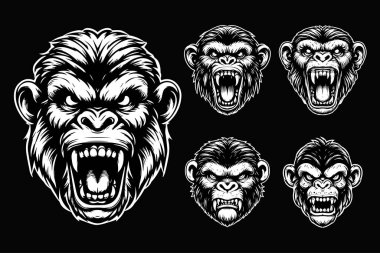 Keskin Diş Siyah ve Beyaz Resimli Karanlık Sanat Öfkeli Canavar Maymun Kafası