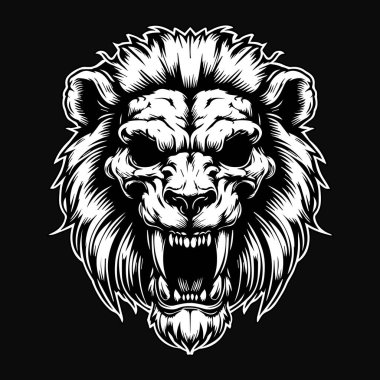 Kara Sanat Öfkeli Canavar Aslan Kafatası Siyah ve Beyaz Görüntü