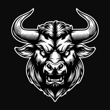 Keskin Boynuz Siyah ve Beyaz Görüntü ile Karanlık Sanat Kızgın Hayvan Boğa Kafası